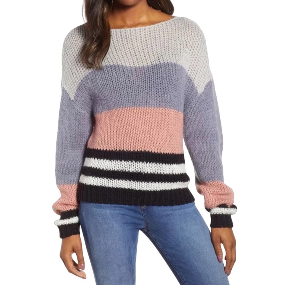 Lucky Brand Colorblock Striped Sweater Pullover Knit Gray Pink Black White XS